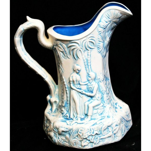 VTG 73 Hand Painted Sign French Country Ceramic Pitcher Blue Lover Renaissance - Picture 1 of 9
